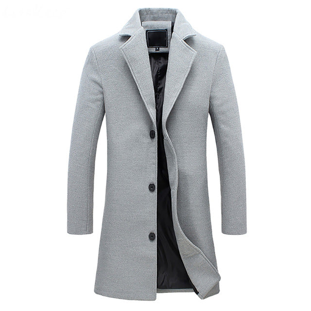 Edmund grey tailored trench coat, front view
