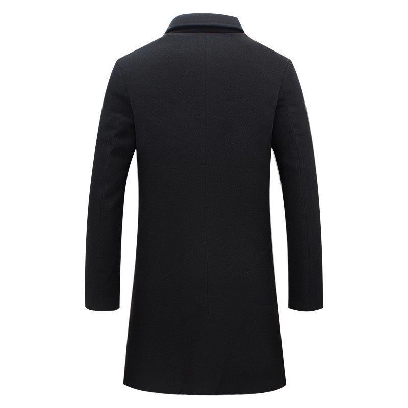 Edmund black trench coat, back view