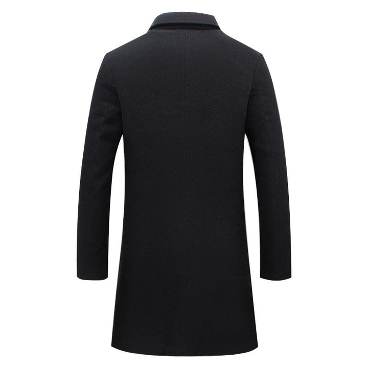 Edmund black trench coat, back view