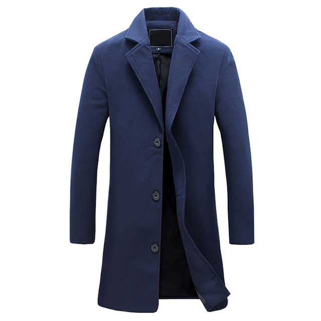 Edmund navy blue trench coat, front view