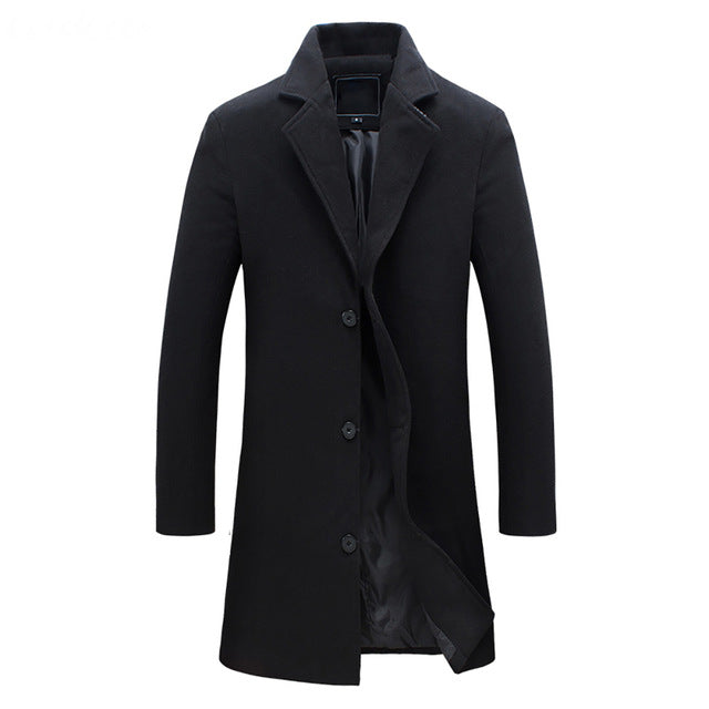 Edmund black trench coat, front view buttoned