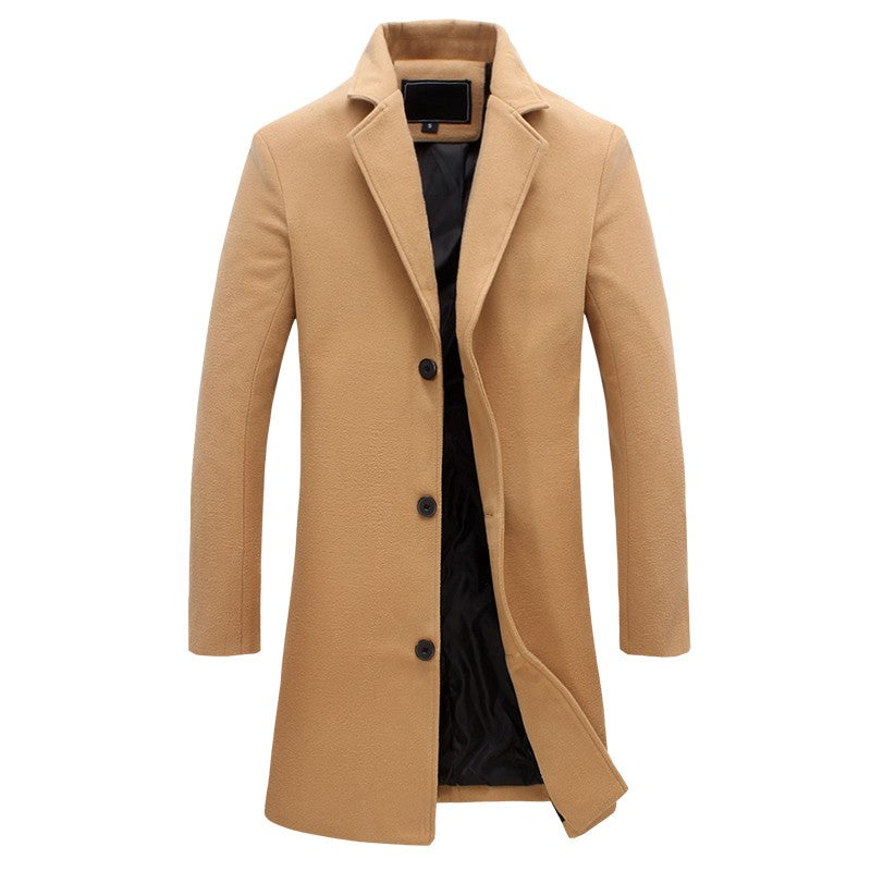 Edmund black trench coat, front view buttoned
