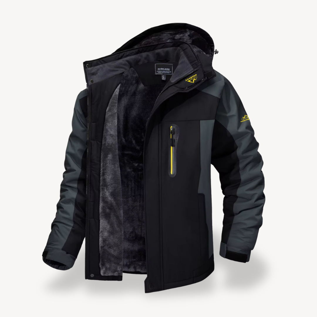 Gideon waterproof hooded fleece jacket in black, open front view showing fleece lining