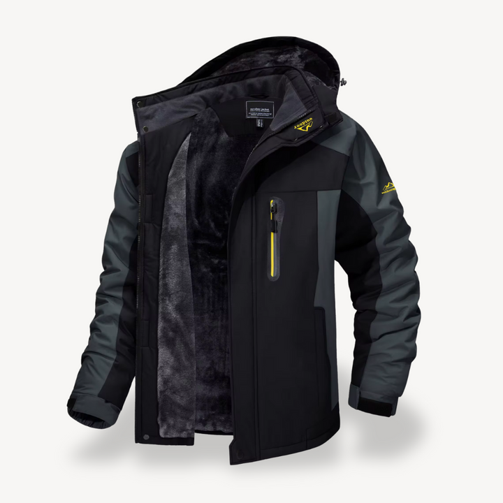 Gideon waterproof hooded fleece jacket in black, open front view showing fleece lining