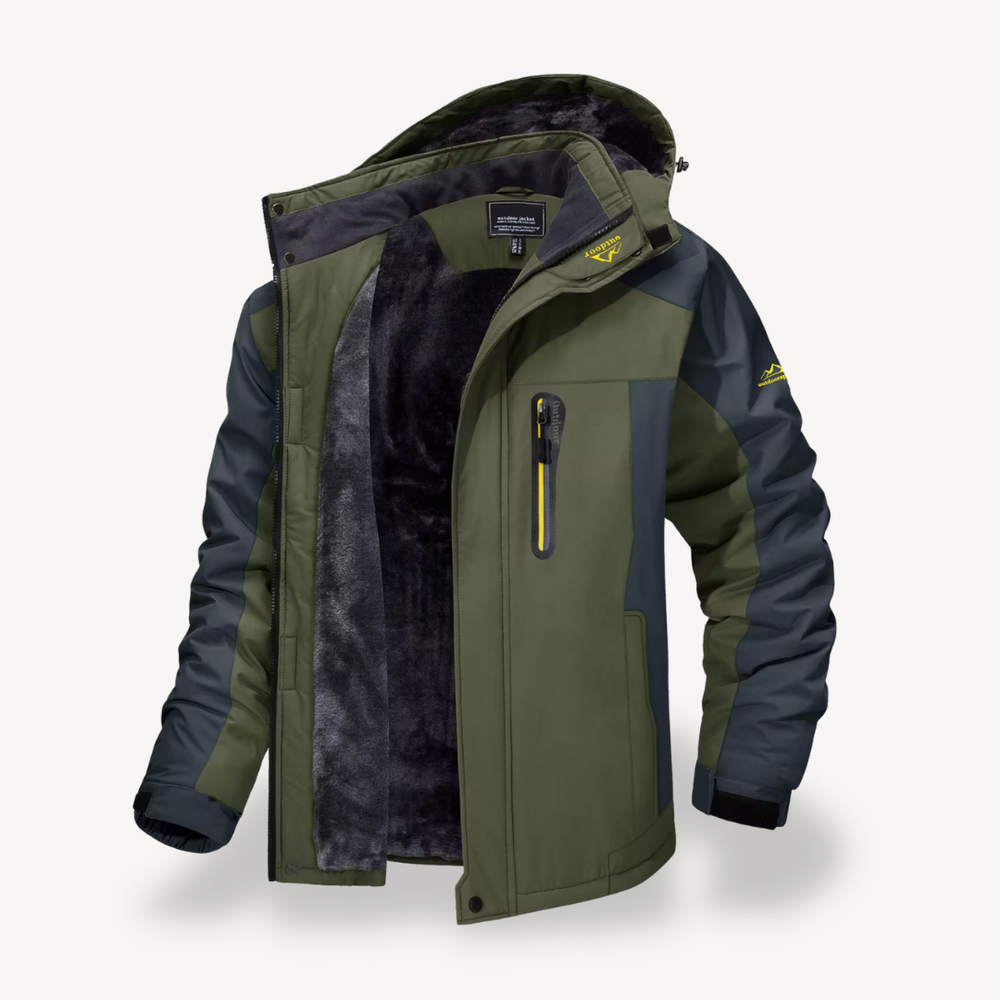 Gideon waterproof hooded fleece jacket in green, open front view showing fleece lining