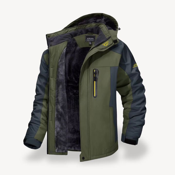 Gideon waterproof hooded fleece jacket in green, open front view showing fleece lining