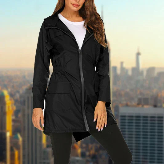 Poppy hooded rain jacket in black, front view on model