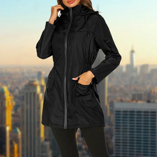 Poppy black rain jacket close-up showing zip and collar detail