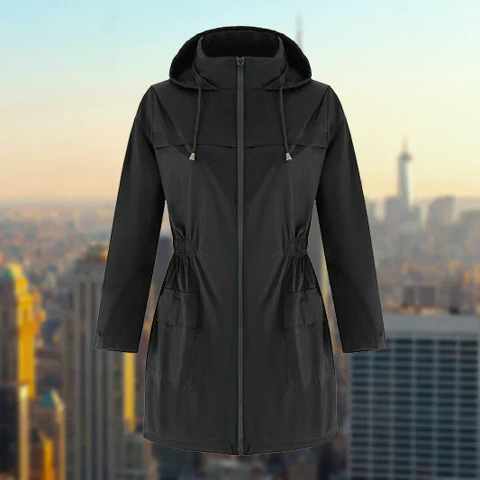 Poppy black rain jacket flat lay, front view