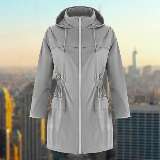 Poppy grey rain jacket flat lay, front view