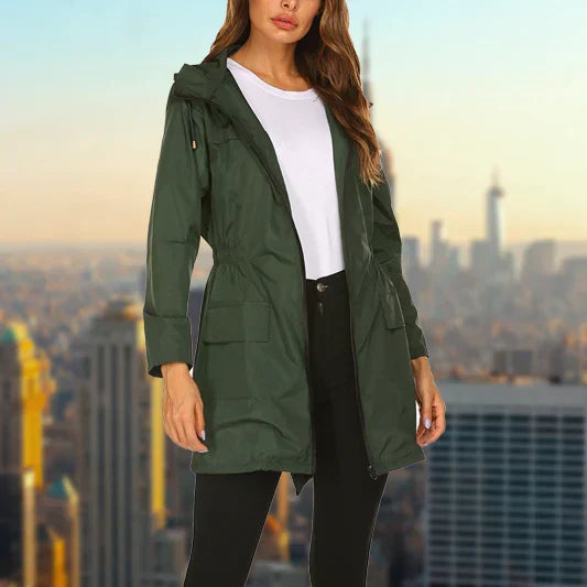 Poppy hooded rain jacket in dark green, front view on model