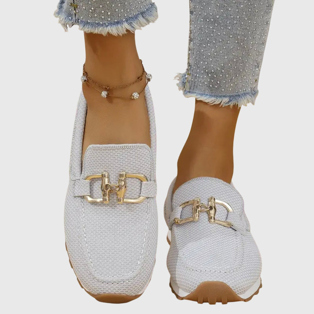 Verity chain trim platform loafers in white, close-up front view