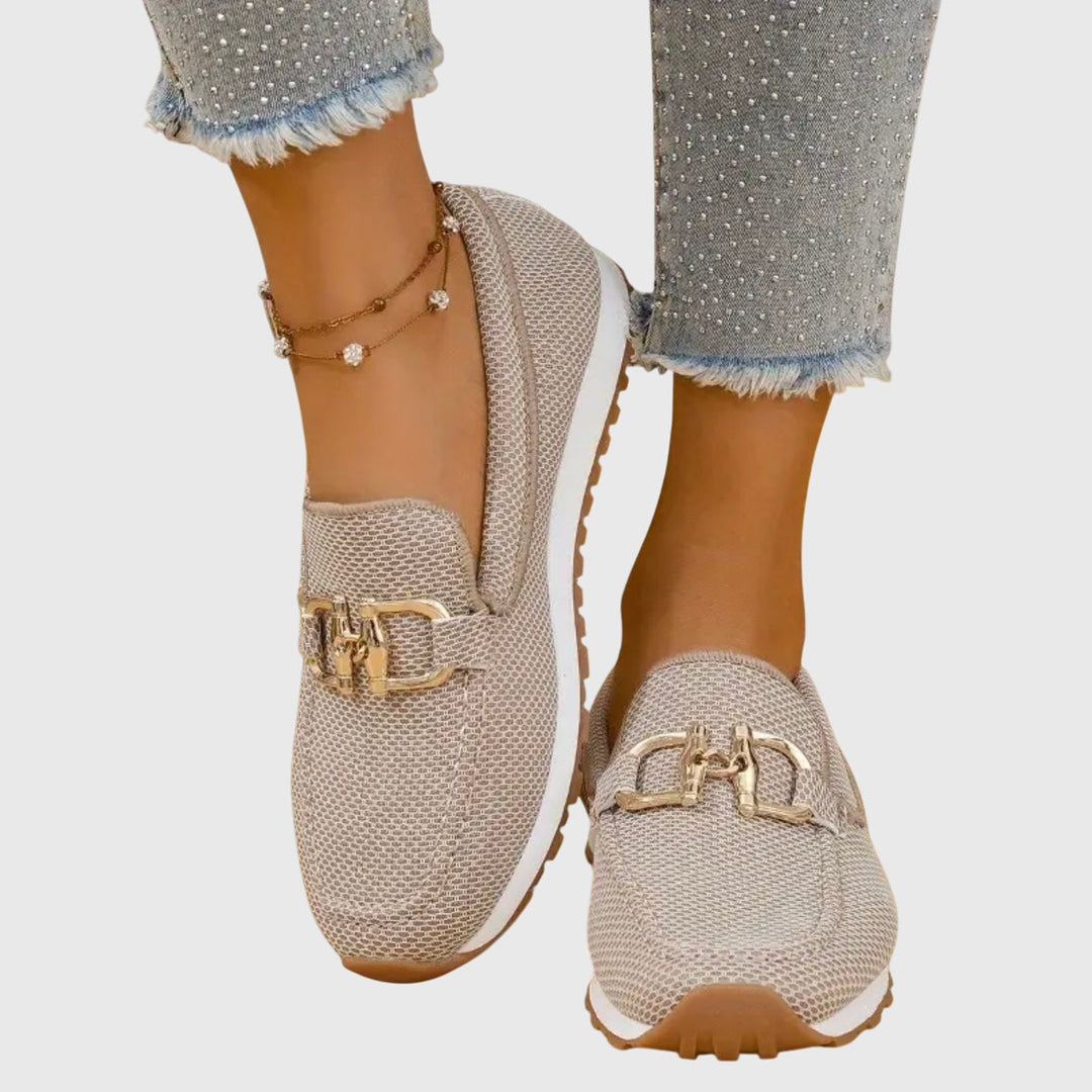 Verity chain trim platform loafers in white, close-up front view