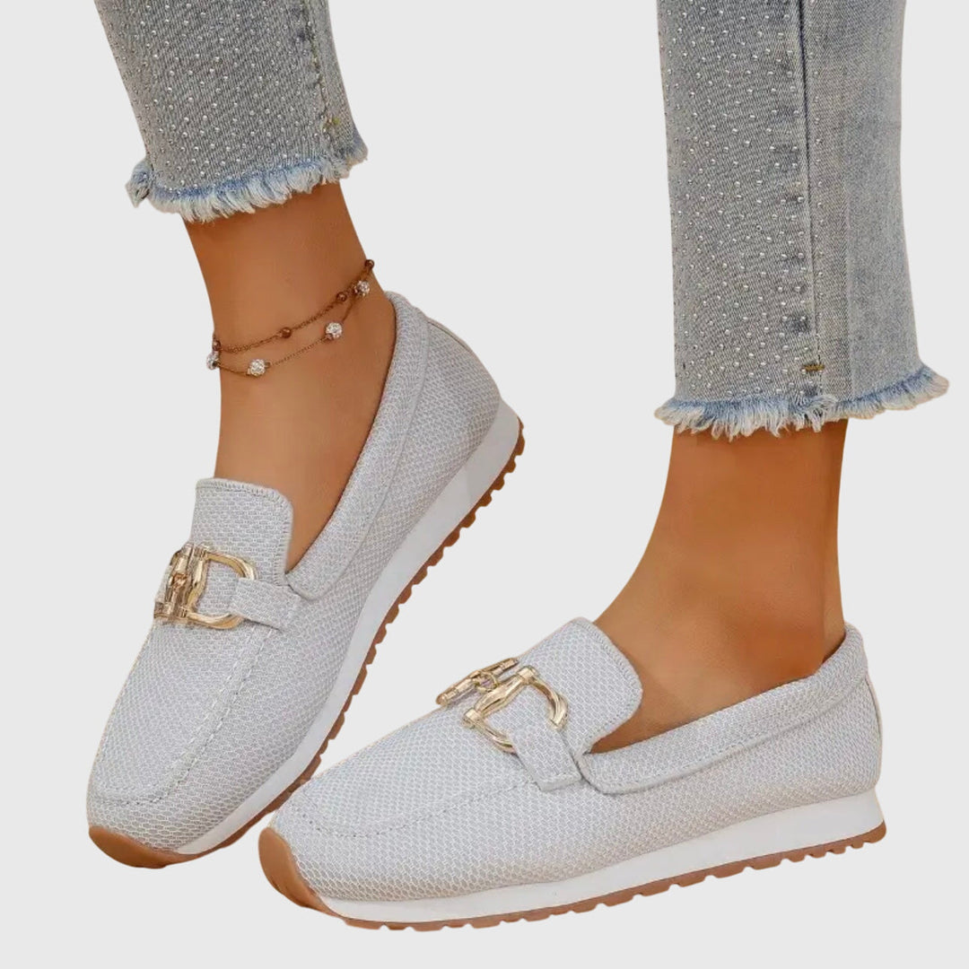 Verity chain trim platform loafers in white, close-up front view
