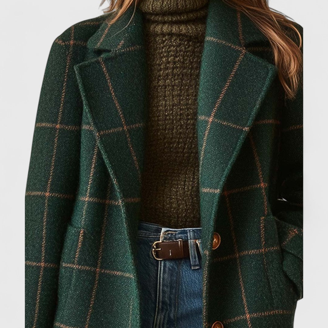 Florence checked tailored longline coat, lapel and collar detail