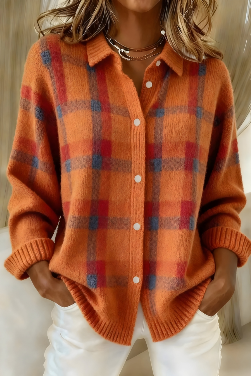 Marnie checkered knit cardigan in orange, front view with button detail