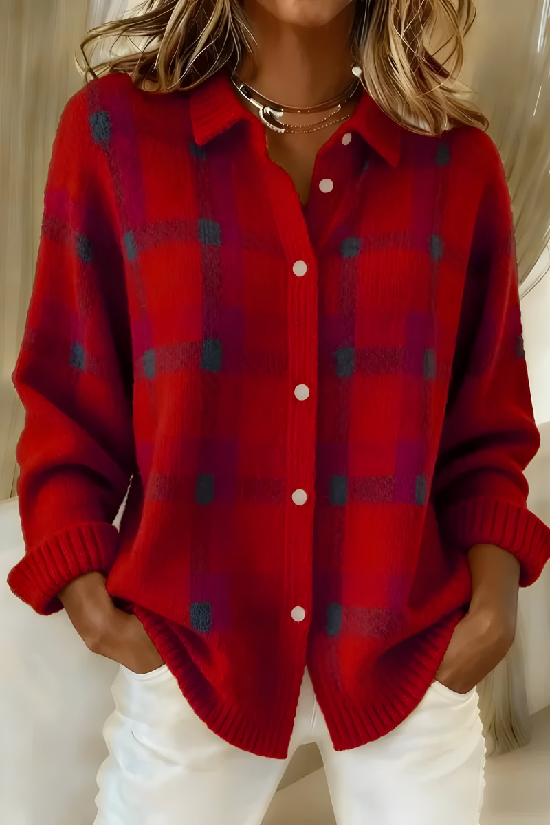 Marnie checkered knit cardigan in red, close-up front view