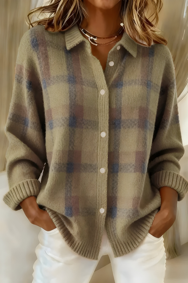 Marnie checkered knit cardigan in purple, front view
