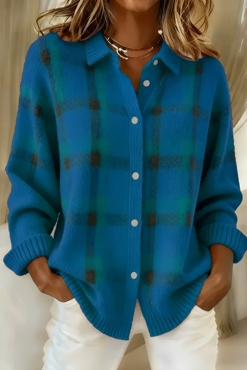 Marnie checkered knit cardigan in purple, front view