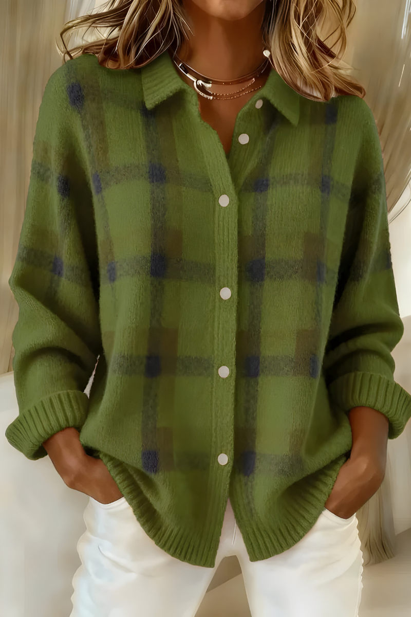 Marnie checkered knit cardigan in purple, front view