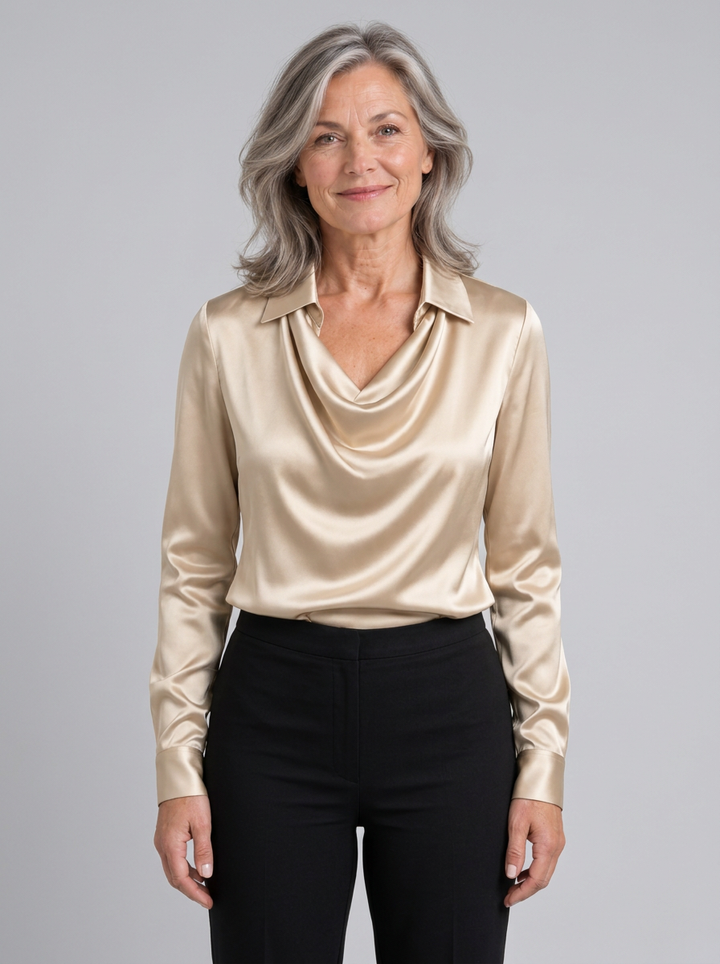 Rosamund draped cowl neck collared blouse in champagne, front view