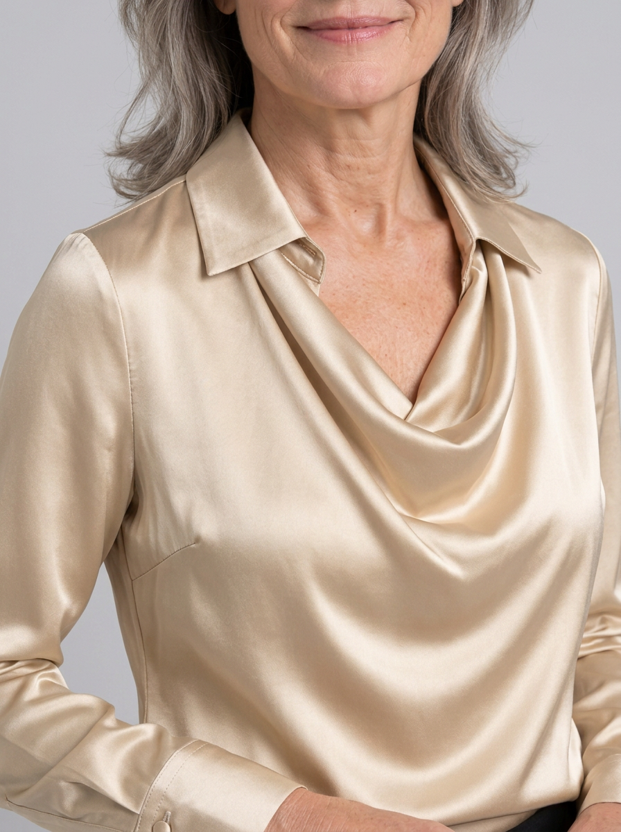 Close-up of draped cowl neckline and classic collar detail on Rosamund blouse