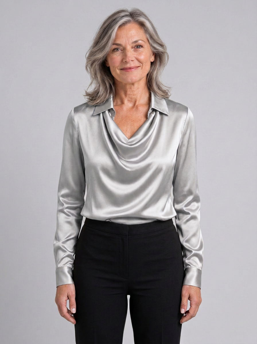 Rosamund draped cowl neck collared blouse in silver grey, front view