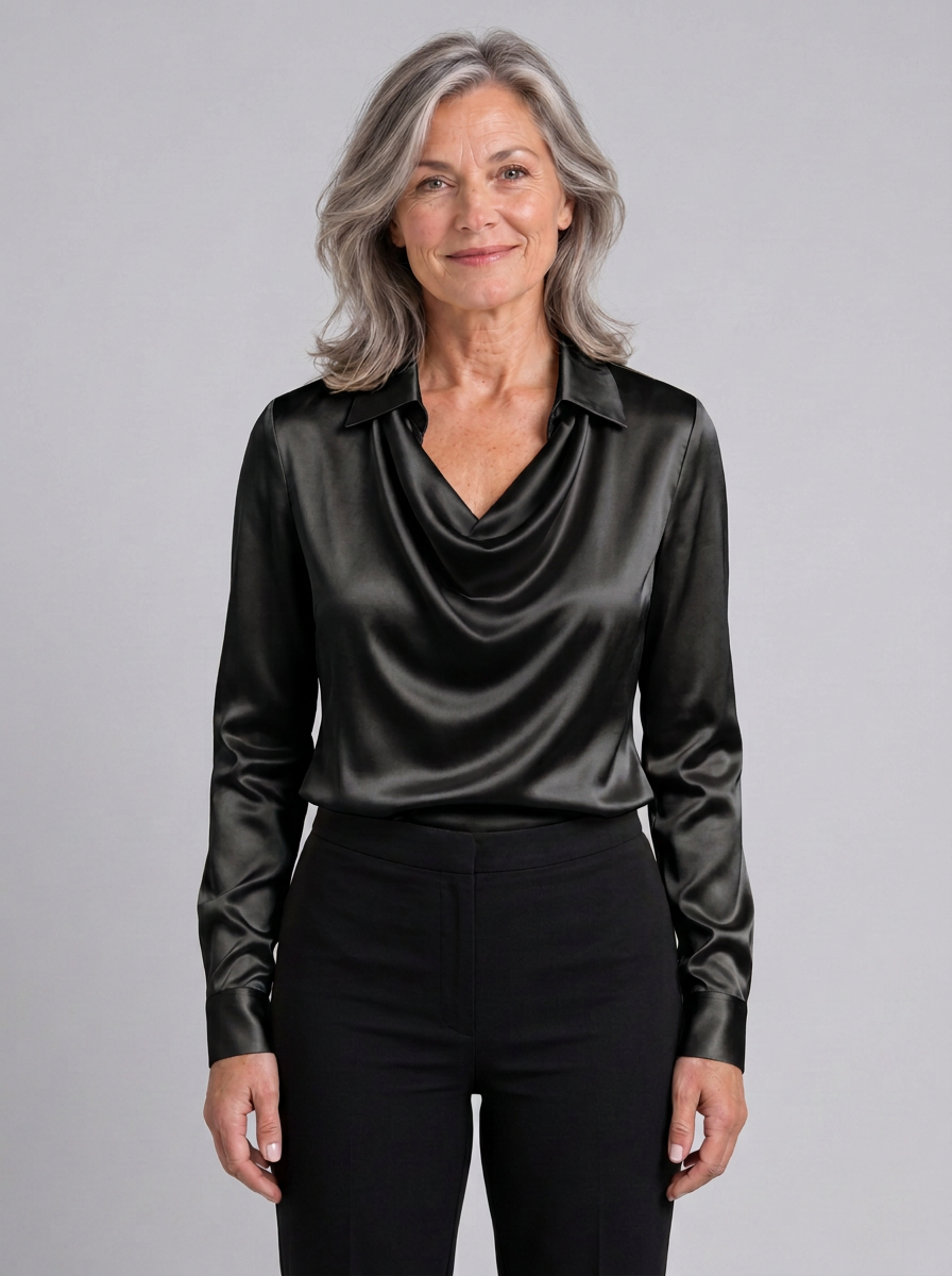 Rosamund draped cowl neck collared blouse in black, front view