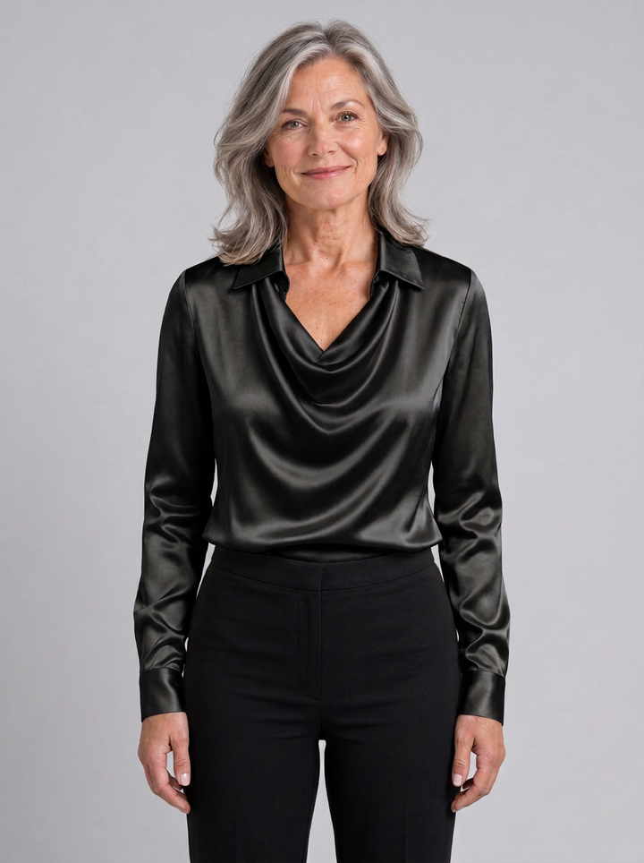 Rosamund draped cowl neck collared blouse in black, front view