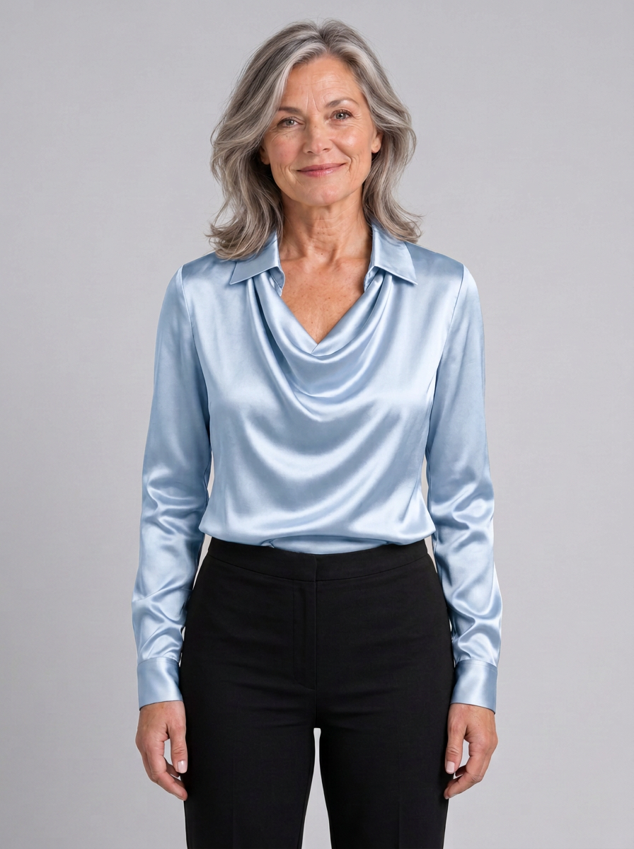 Rosamund draped cowl neck collared blouse in black, front view