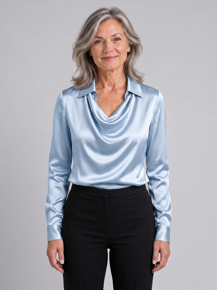 Rosamund draped cowl neck collared blouse in black, front view
