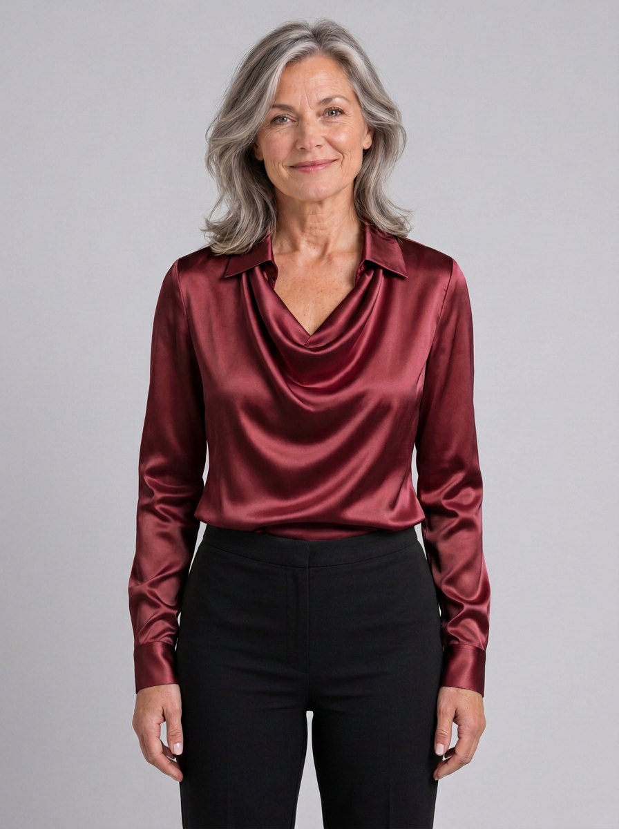Rosamund draped cowl neck collared blouse in black, front view
