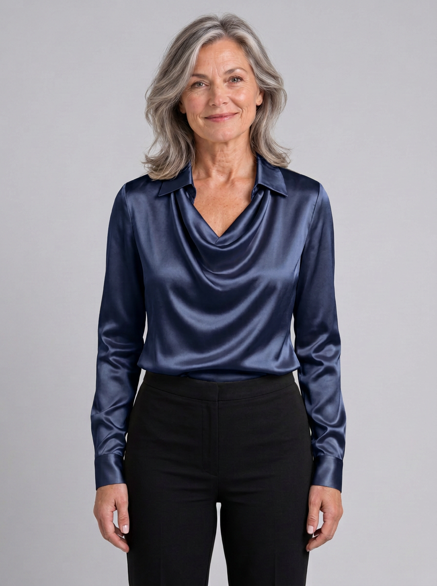 Rosamund draped cowl neck collared blouse in black, front view