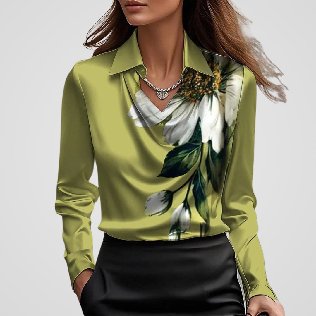 Rosalind draped neck satin blouse in black, front close-up view