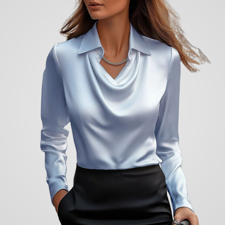 Rosalind draped neck satin blouse in light blue, front close-up view