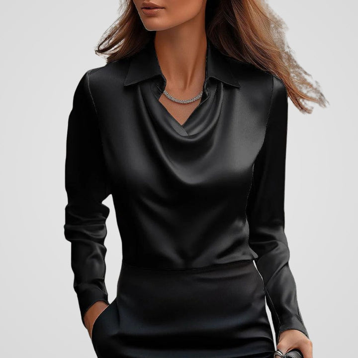 Rosalind draped neck satin blouse in black, front close-up view