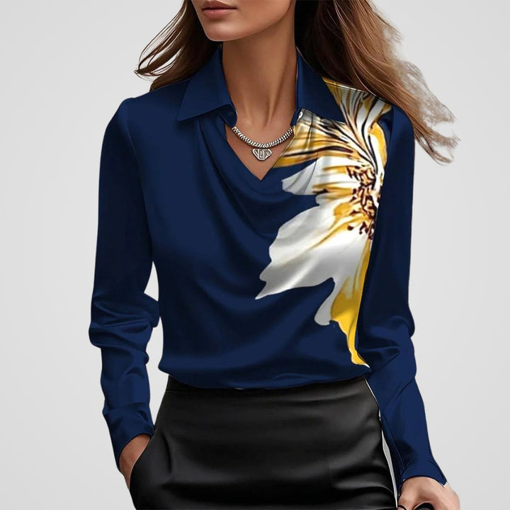 Rosalind draped neck satin blouse in black, front close-up view