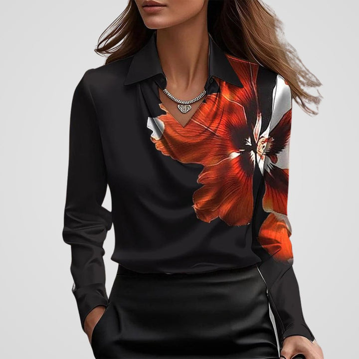 Rosalind draped neck satin blouse in black, front close-up view