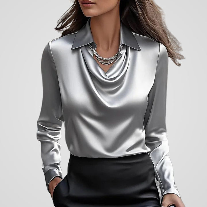 Rosalind draped neck satin blouse in silver grey, front close-up view