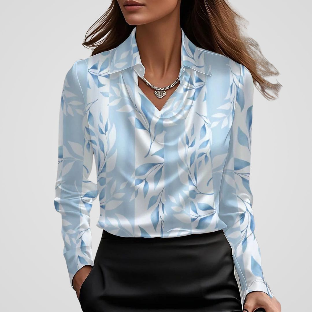 Rosalind draped neck satin blouse in black, front close-up view