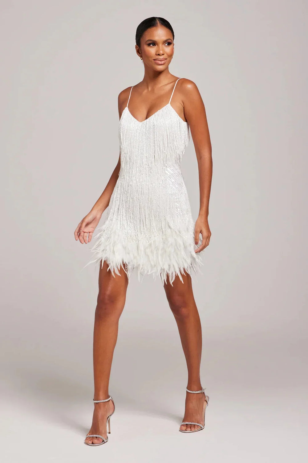 Araminta fringe feather mini dress, side angle view