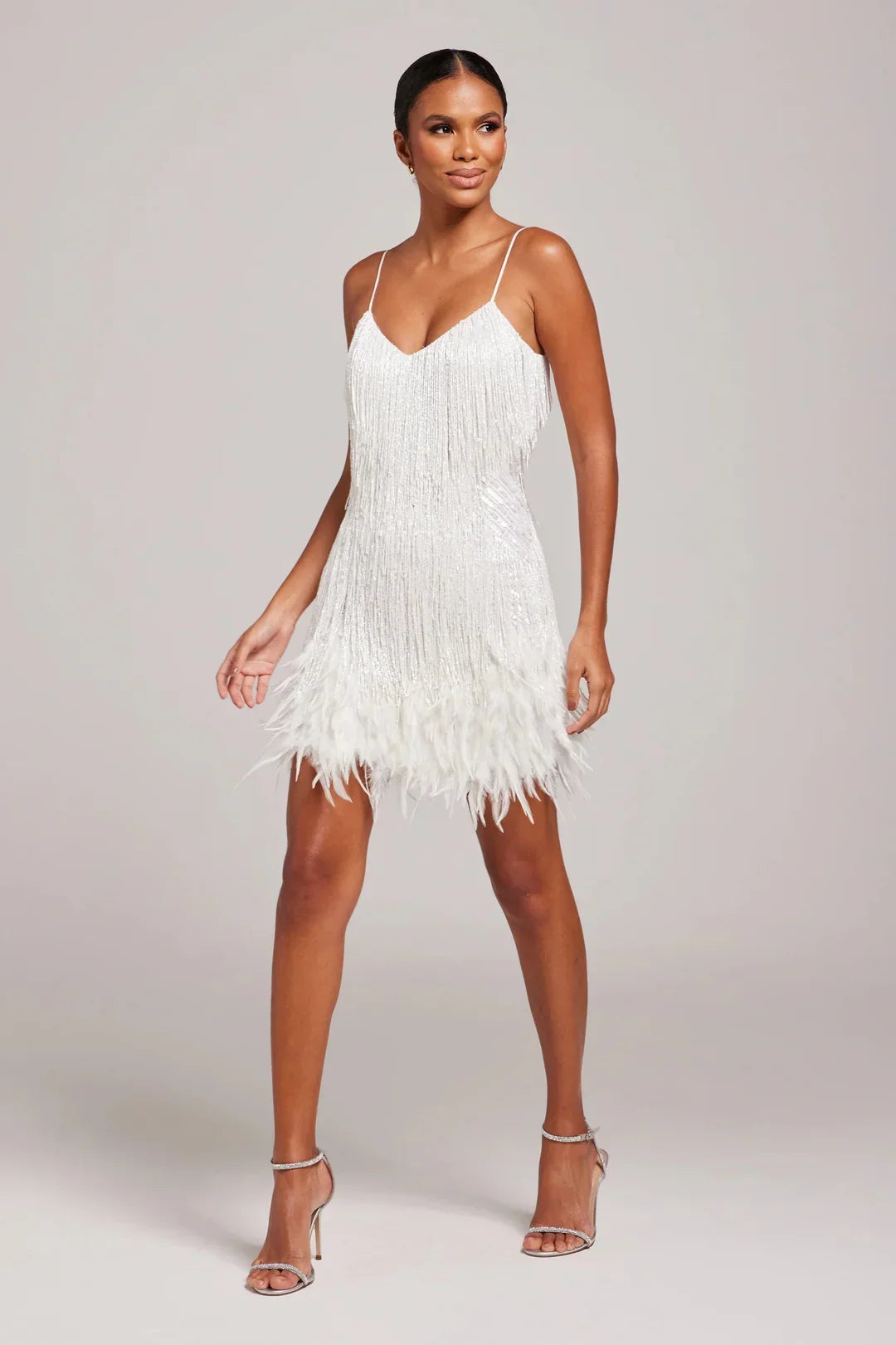 Araminta fringe feather mini dress, side angle view