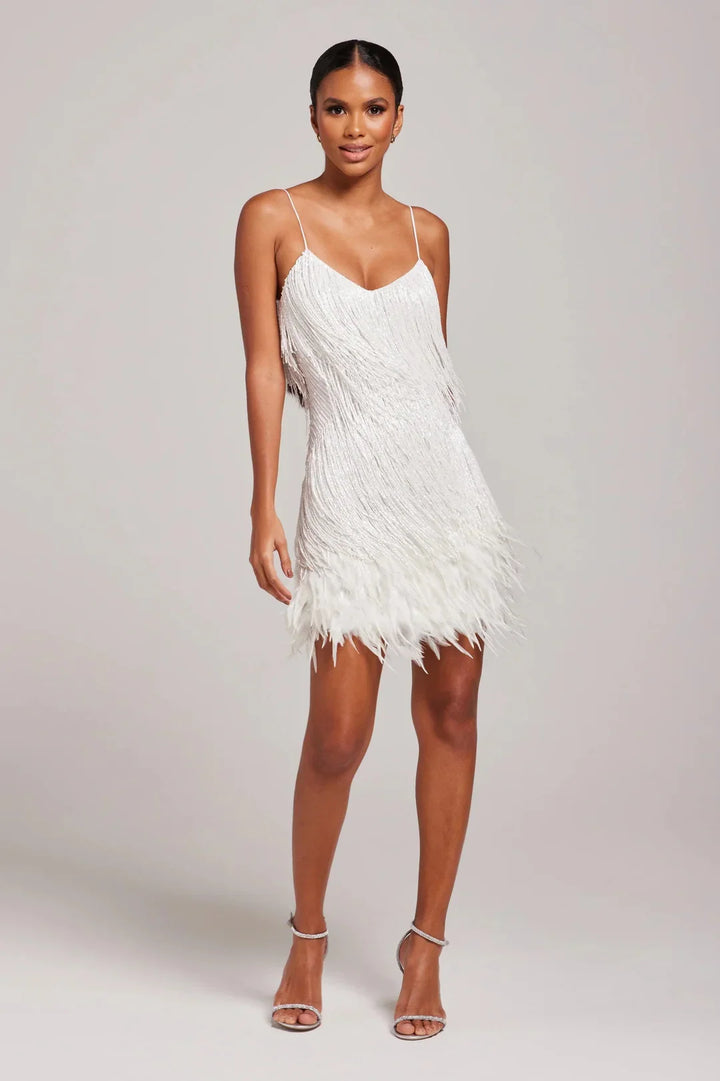 Araminta fringe feather mini dress, close front view
