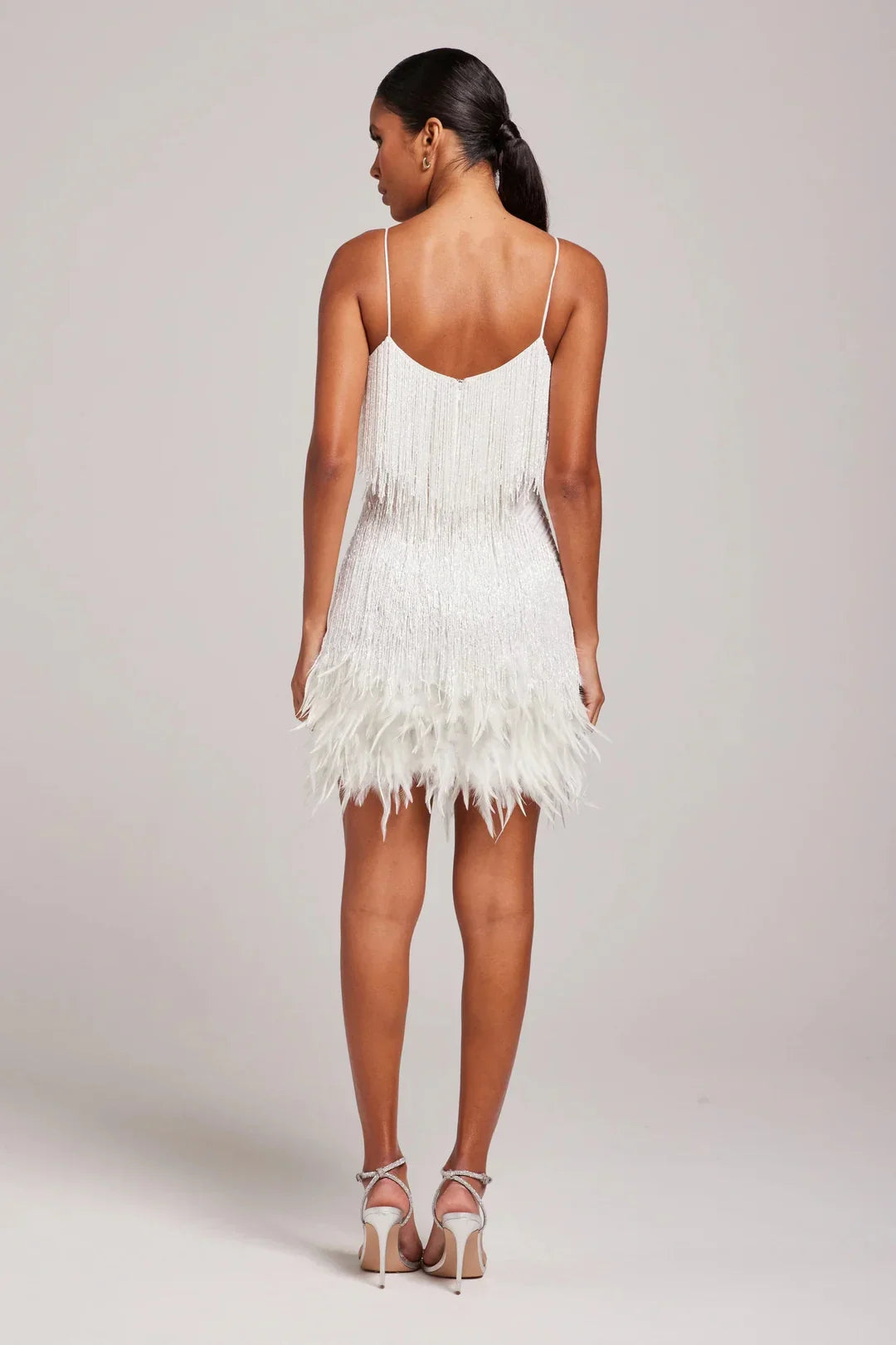 Araminta fringe feather mini dress, back view