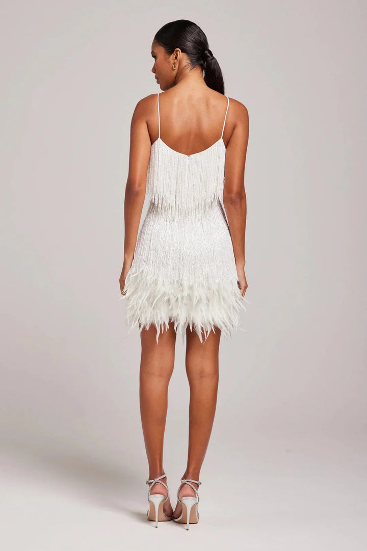 Araminta fringe feather mini dress, back view