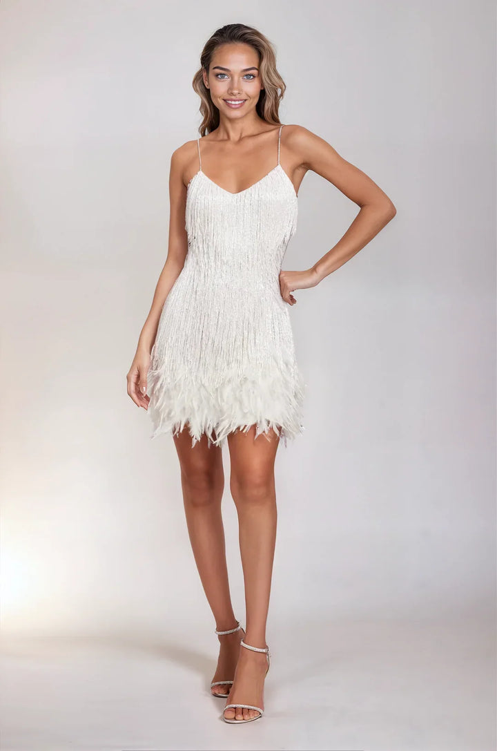 Araminta fringe feather mini dress, back view