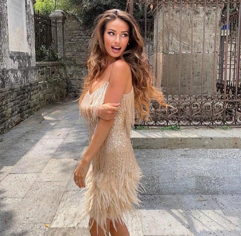 Araminta fringe feather mini dress, back view