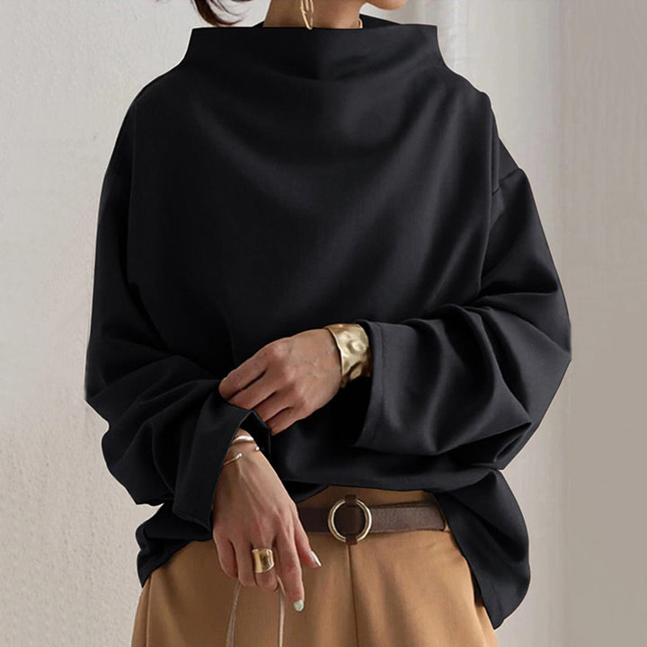 Wilhelmina black high-neck long sleeve top, front view close-up