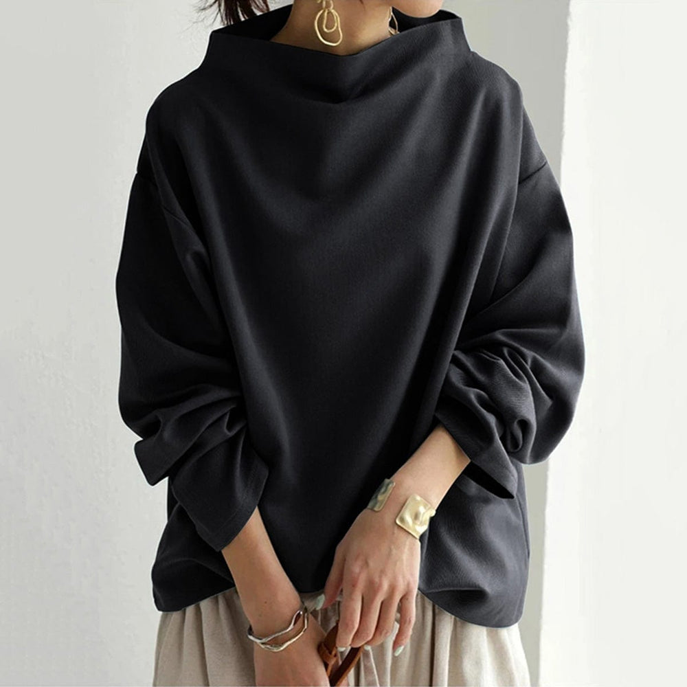 Wilhelmina black high-neck top, side angle detail