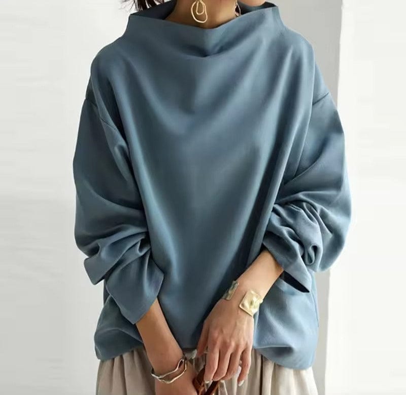 Wilhelmina blue high-neck long sleeve top, front view